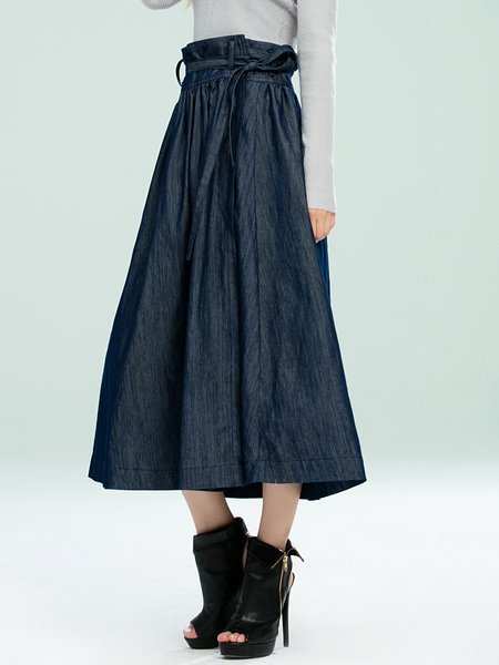 Dark Blue Solid Casual A-line Denim Midi Skirt - StyleWe.com